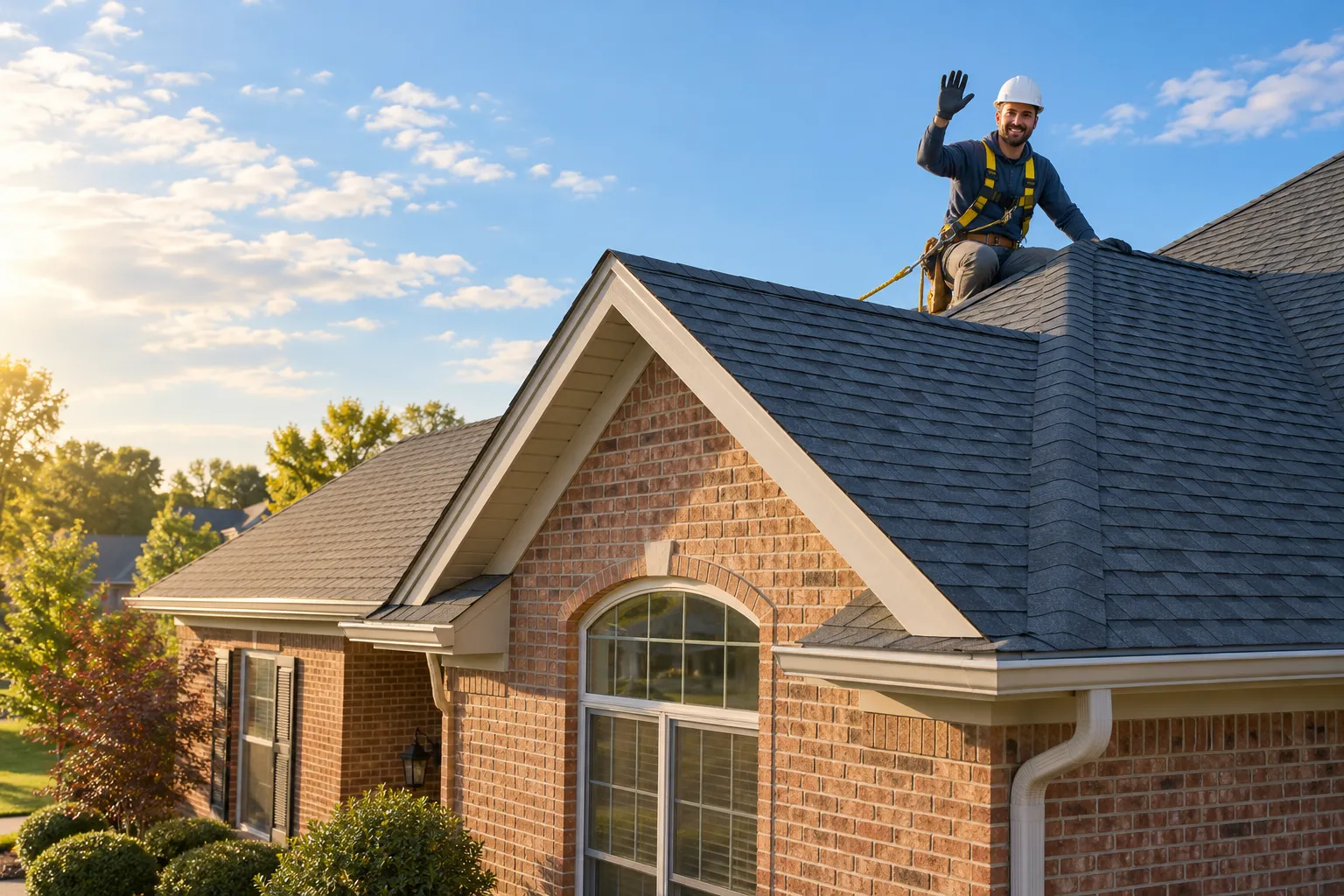 A tidy house in Conyers with a clean, newly finished shingle roof under a clear sky